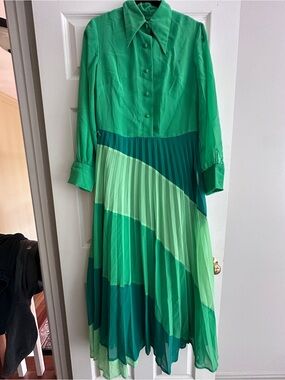 VTG Emerald Verdict Green Geometric Women's Long Sleeve Pleated Dress M